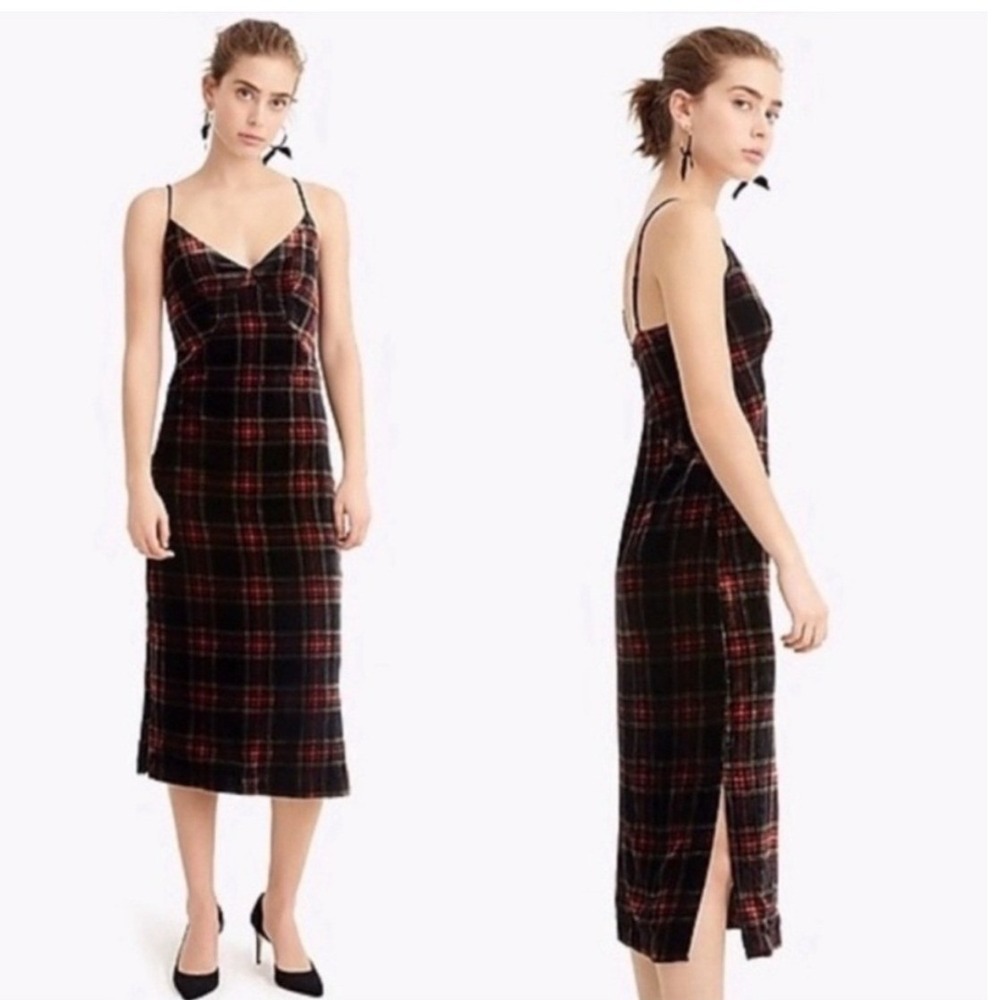 J.Crew Spaghetti Strap Midi Dress Velvet Stewart Tartan Plaid Size 2